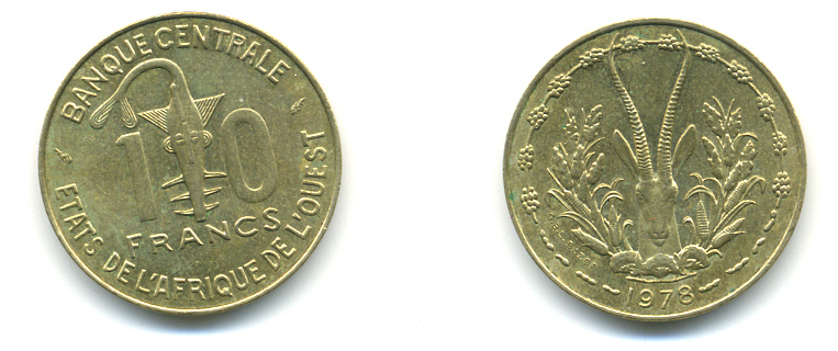 ЗАПАДНАЯ АФРИКА 10 ФРАНКОВ 1978 KM 1а алюминий никель бронза UNC 86-1651