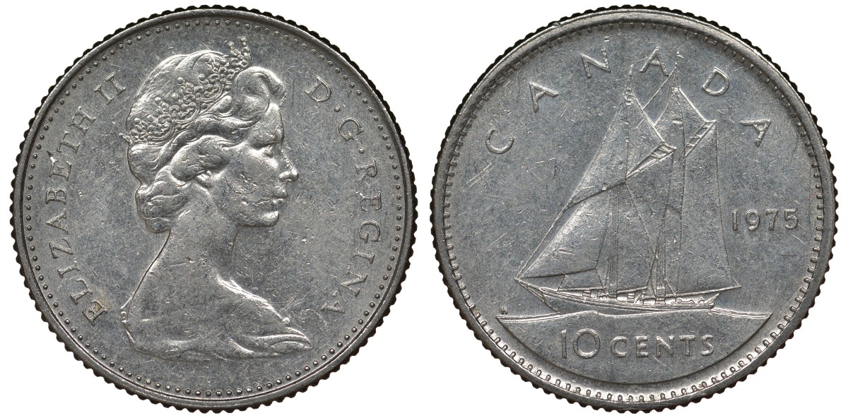 Канада 10 центов 1975 Елизавета II (1952-2022), парусник KM 77.1 никель 4124-516