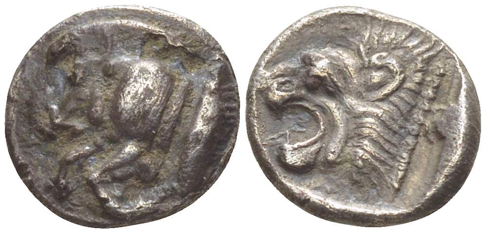 Мизия, Кизик диобол 450-400 гг. до н.э. передняя часть туловища кабана, под ним тунец / голова льва, 0,75 гр SNG France 361-72 серебро 1073-11-93