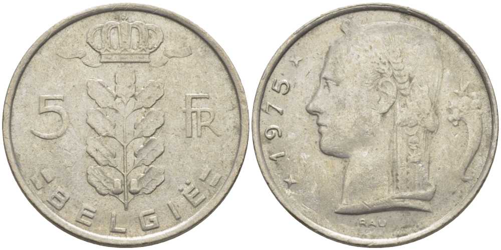 Бельгия 5 франков 1975 Belgie, Бодуэн I (1951-1993) KM 135.1 медно-никель 119-834