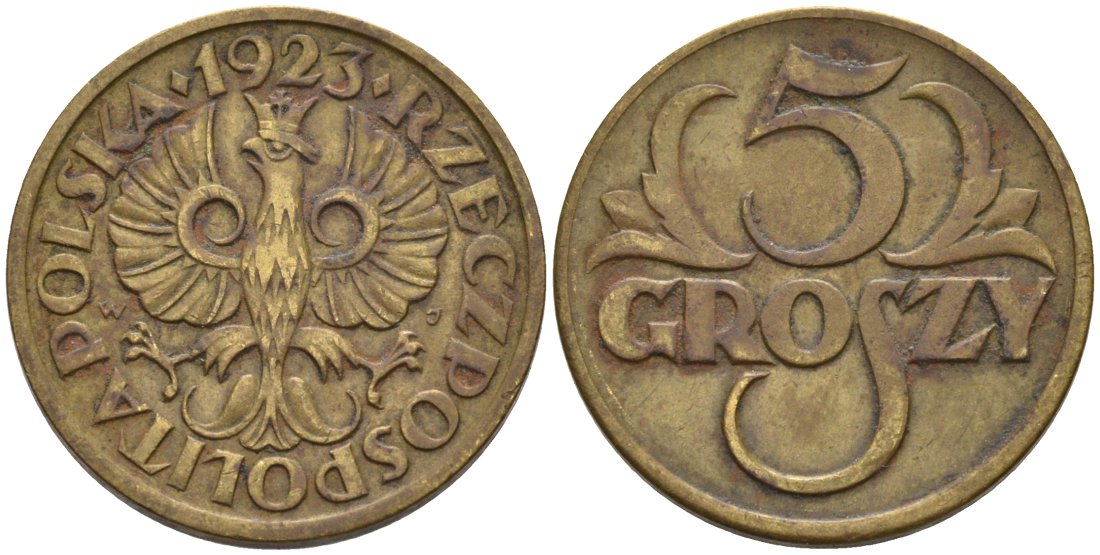Польша 5 грошей 1923 w KM 10, Parchimowicz 103a латунь 4564-1055