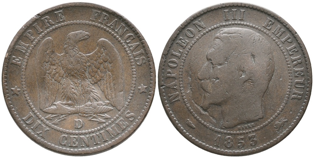 ФРАНЦИЯ 10 САНТИМОВ 1853 D, НАПОЛЕОН III (1852-1870) KM 771.4 бронза 51-2423