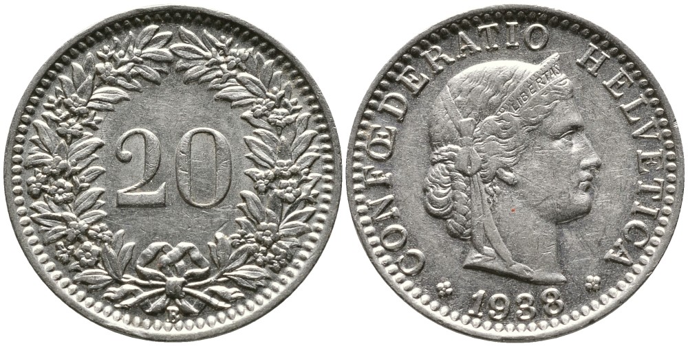 ШВЕЙЦАРИЯ 20 РАППЕНОВ 1938 В KM 29 никель 4539-541