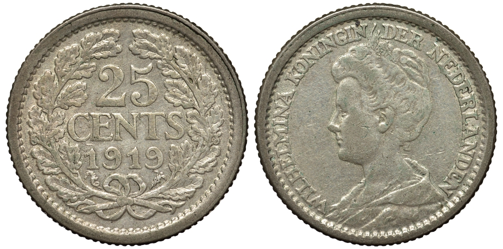 НИДЕРЛАНДЫ 25 ЦЕНТОВ 1919 ВИЛЬГЕЛЬМИНА серебро 443-722