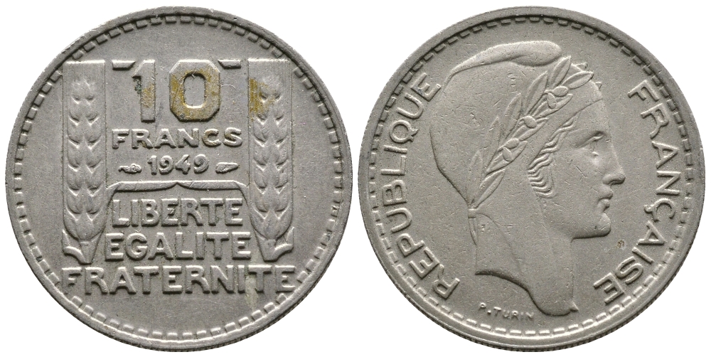 Франция 10 франков 1949 тип Пьер Турин KM 909.1, LE FRANC 362.6 медно-никель 51-726