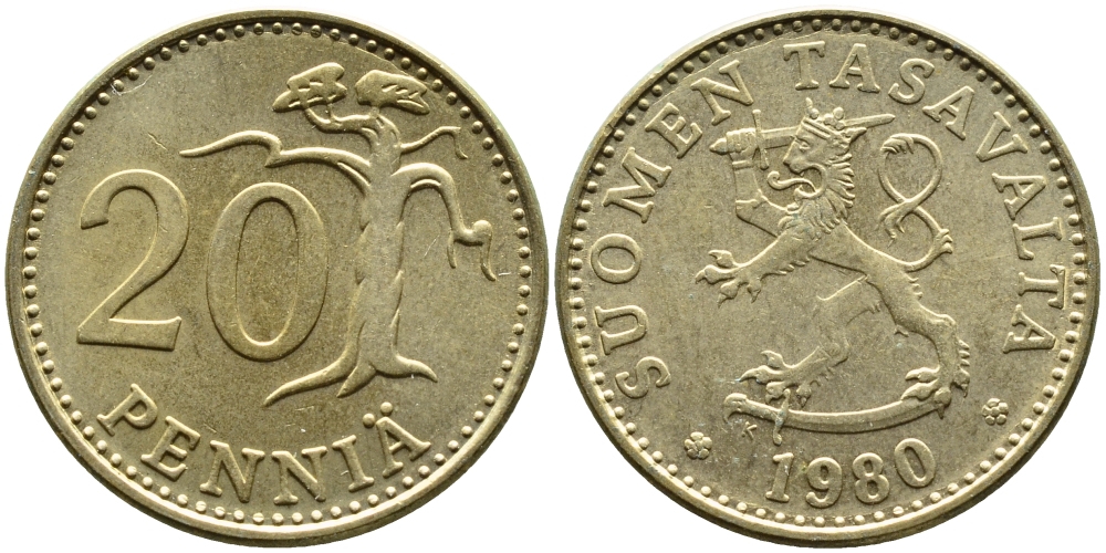 ФИНЛЯНДИЯ 20 ПЕННИ 1980 К KM 47 алюминиевая бронза 4391-1122