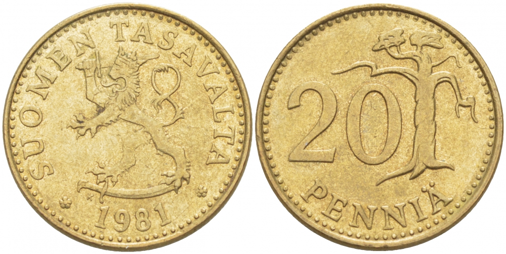 ФИНЛЯНДИЯ 20 ПЕННИ 1981 K KM 47 алюминиевая бронза 3718-656
