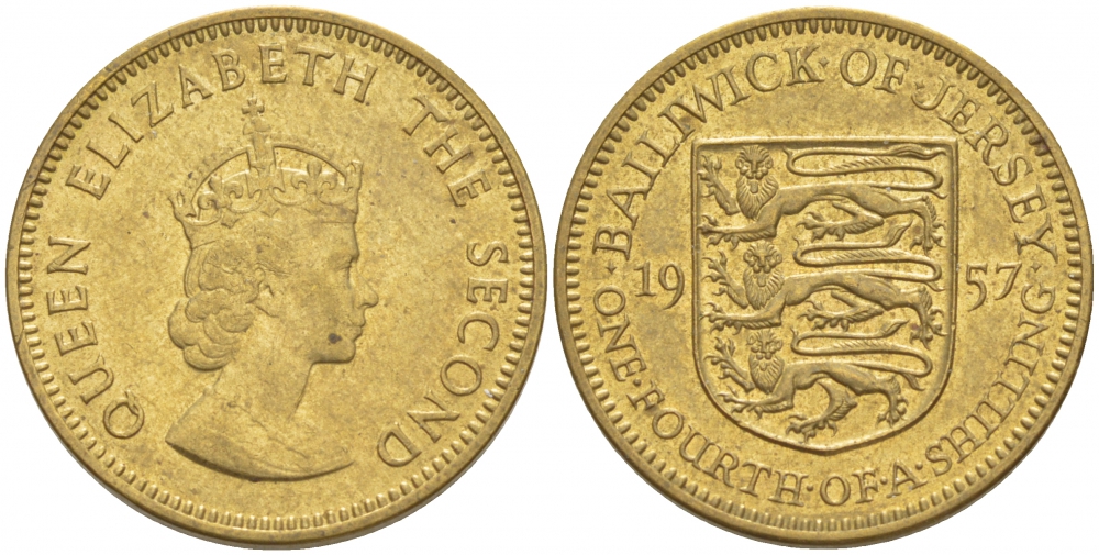ДЖЕРСИ 1/4 ШИЛЛИНГА 1957 ЕЛИЗАВЕТА II KM 22 никель латунь UNC 4548-443