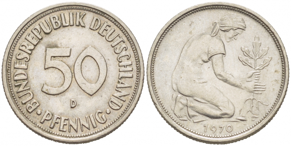 ФРГ 50 ПФЕННИГОВ 1970 D KM 109.1 медно-никель 3955-658