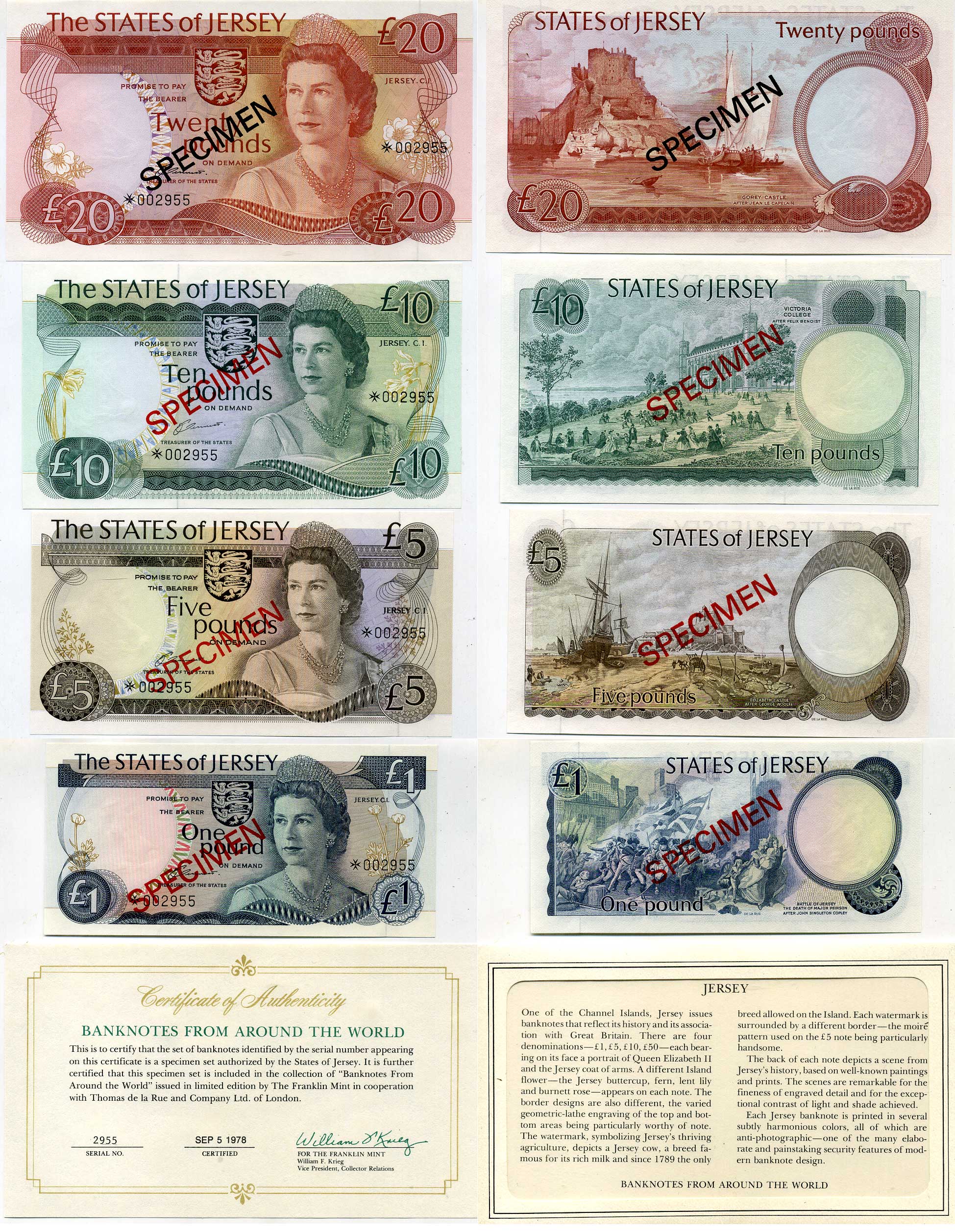 Джерси набор из 4 банкнот 1976-1988 1, 5, 10, 20 фунтов, SPECIMEN Pick 11s, 12s, 13s, 14s бумага UNC (пресс) 451-178-2