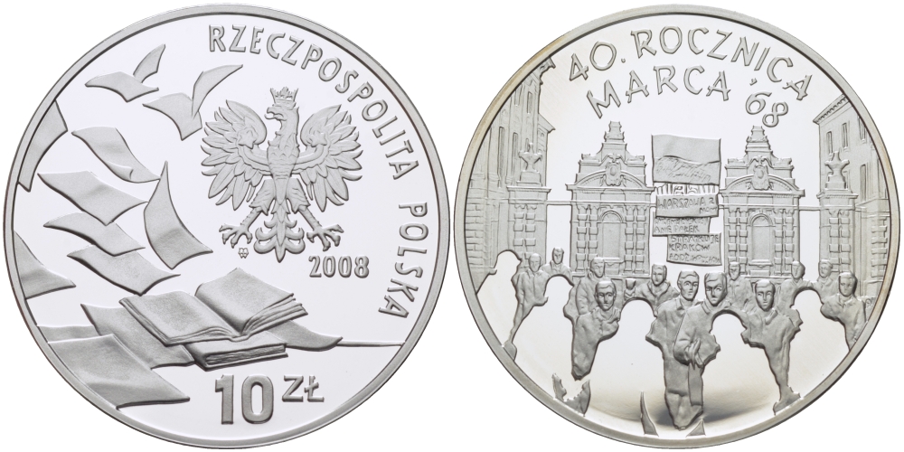 Польша 10 злотых 2008 40 лет студенческого марша 1968 года KM 632 серебро PROOF 1066-3-31