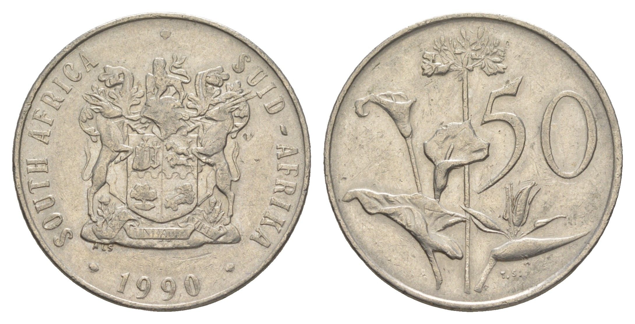 ЮАР 50 центов 1990 Зантедеския Эллиота (калла), герб KM 87 никель 4597-322