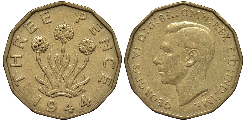 Великобритания 3 пенса 1944 Георг VI (1936-1952) KM 849, Spink 4112 никель латунь 4538-1117