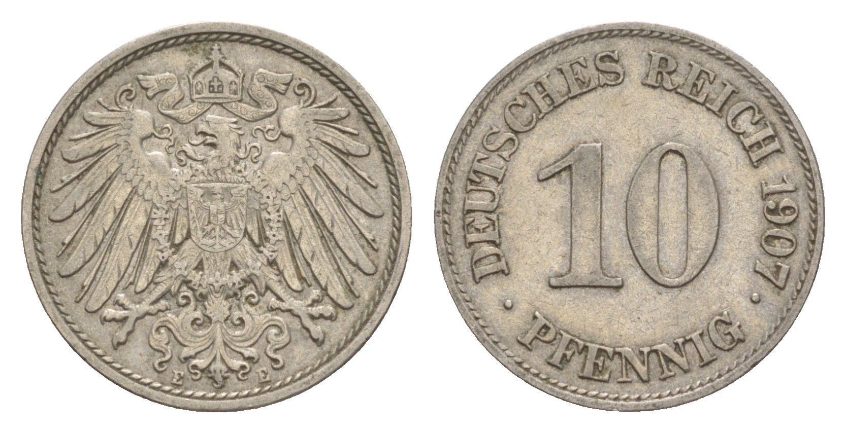 Германия 10 пфеннигов 1907 E, Вильгельм II (1888-1918) KM 12, J. 13 медно-никель 4640-312