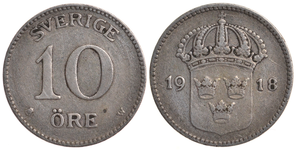 Швеция 10 эре 1918 W, Густав V (1907-1950) KM 780 серебро 4179-557