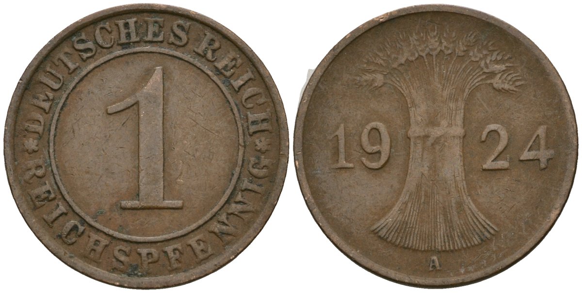 Германия 1 рейхспфенниг 1924 A KM 37, J. 313 бронза 4189-1052