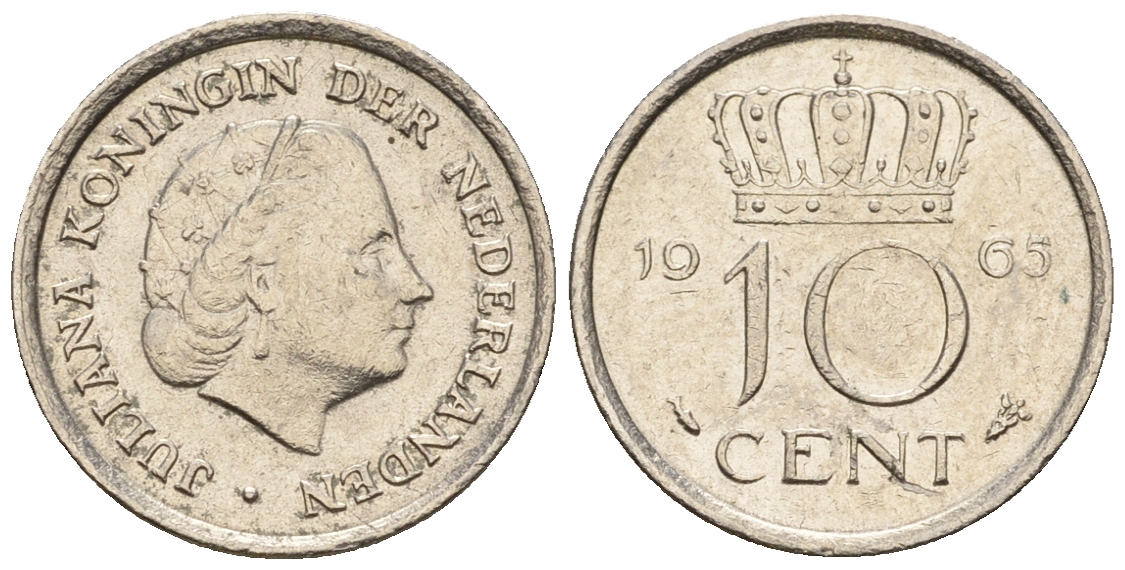 Нидерланды 10 центов 1965 Юлиана (1949-1980) KM 182 никель 220-542
