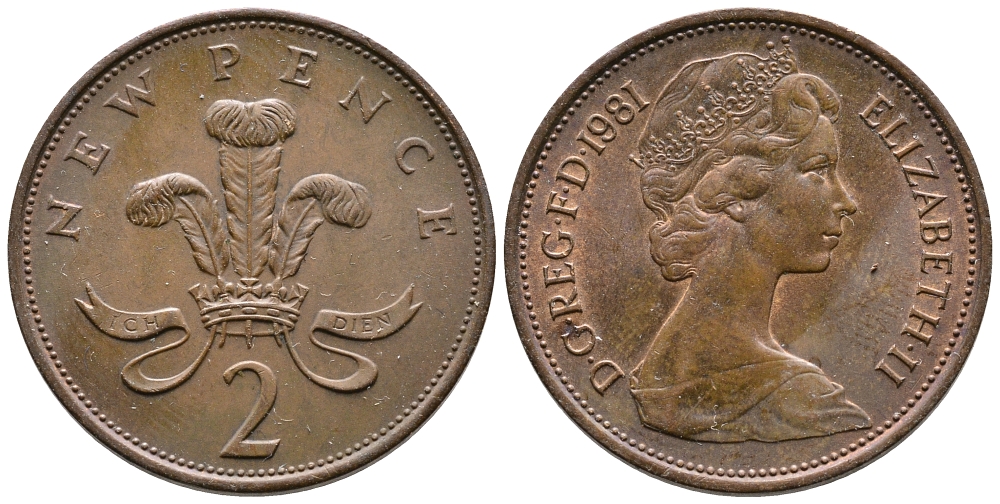 Великобритания 2 пенса 1981 Елизавета II (1952-2022) KM 916, Spink 4235 (C1) бронза 87-737
