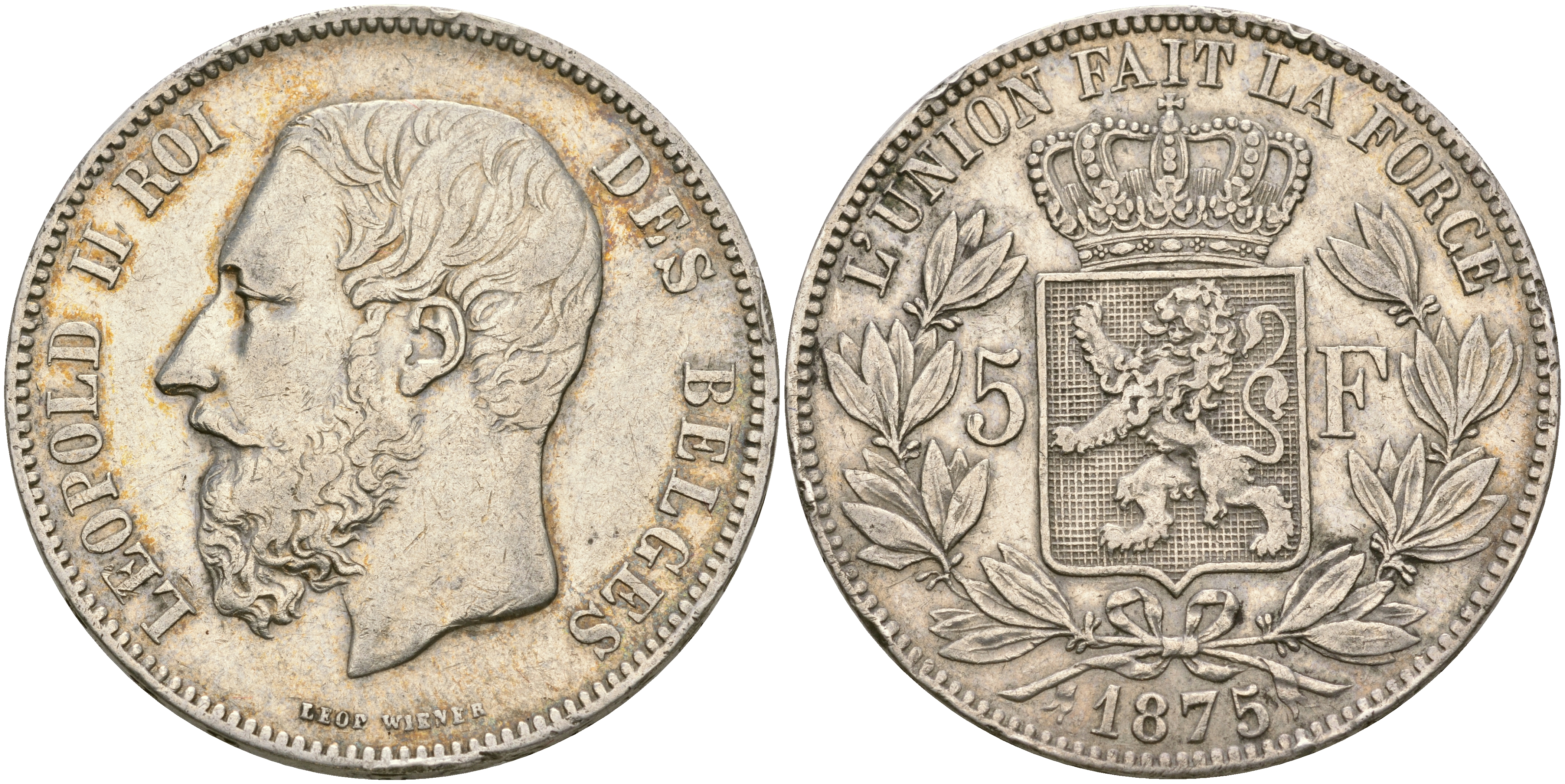 Бельгия 5 франков 1875 Леопольд II (1865-1909) KM 17 серебро 11-256-34