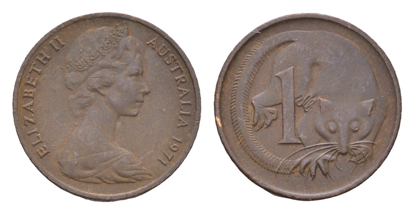 Австралия 1 цент 1971 Елизавета II (1952-2022), молодой портрет, опоссум KM 62 бронза 4669-559