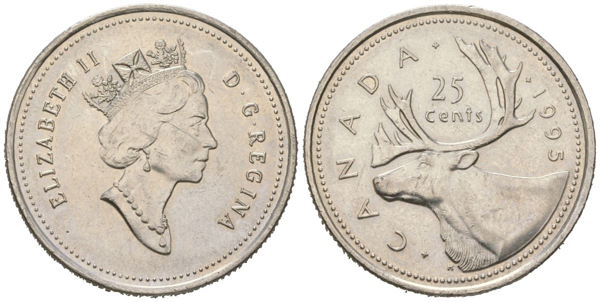 Канада 25 центов 1995 Елизавета II (1952-2022), олень KM 184 никель 4382-1236