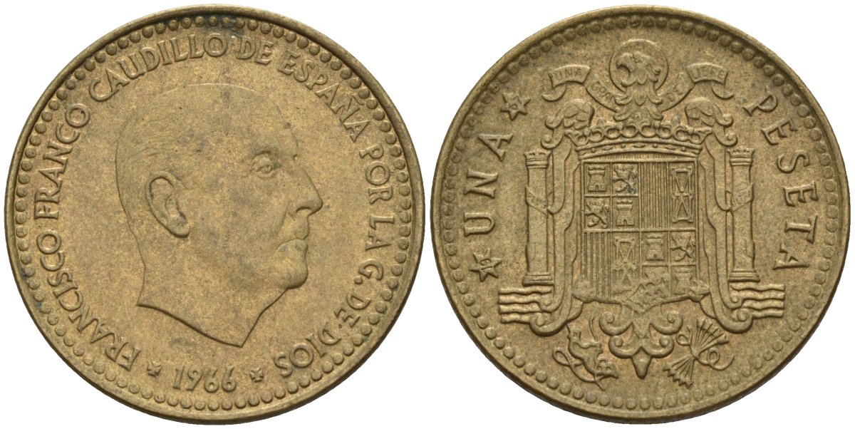 Испания 1 песета 1966 (67) Франсиско Франко (1939 - 1975) KM 796 алюминиевая бронза 4155-344