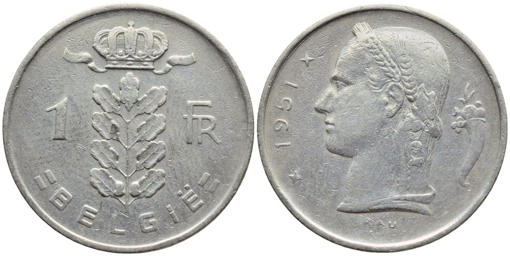 БЕЛЬГИЯ 1 ФРАНК 1951 BELGIE KM 143.1 медно-никель 4390-142