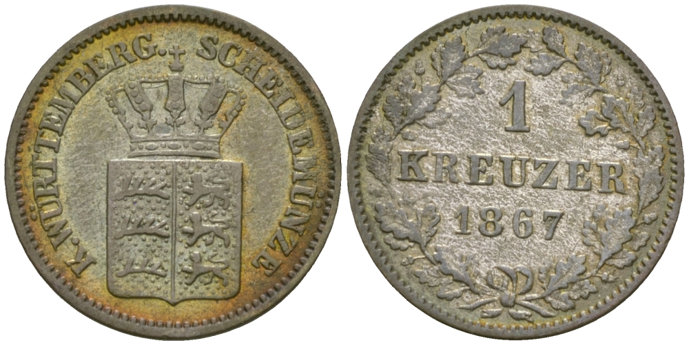 Вюртемберг 1 крейцер 1867 Карл I (1864-1891) KM 612 серебро 99-822