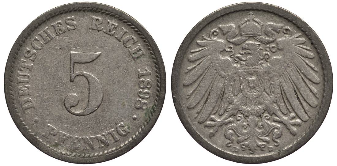 ГЕРМАНИЯ 5 ПФЕННИГОВ 1898 D KM 11, Jager 12, Weege 6 медно-никель 4547-357