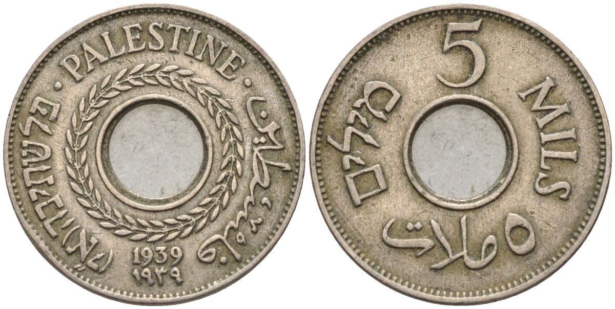 Израиль, Палестина 5 милсов 1939 британская администрация (1927-1948) KM 3 медно-никель    4154-417