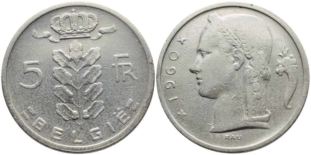 Бельгия 5 франков 1960 Belgie, Бодуэн I (1951-1993) KM 135.1 медно-никель 3999-814