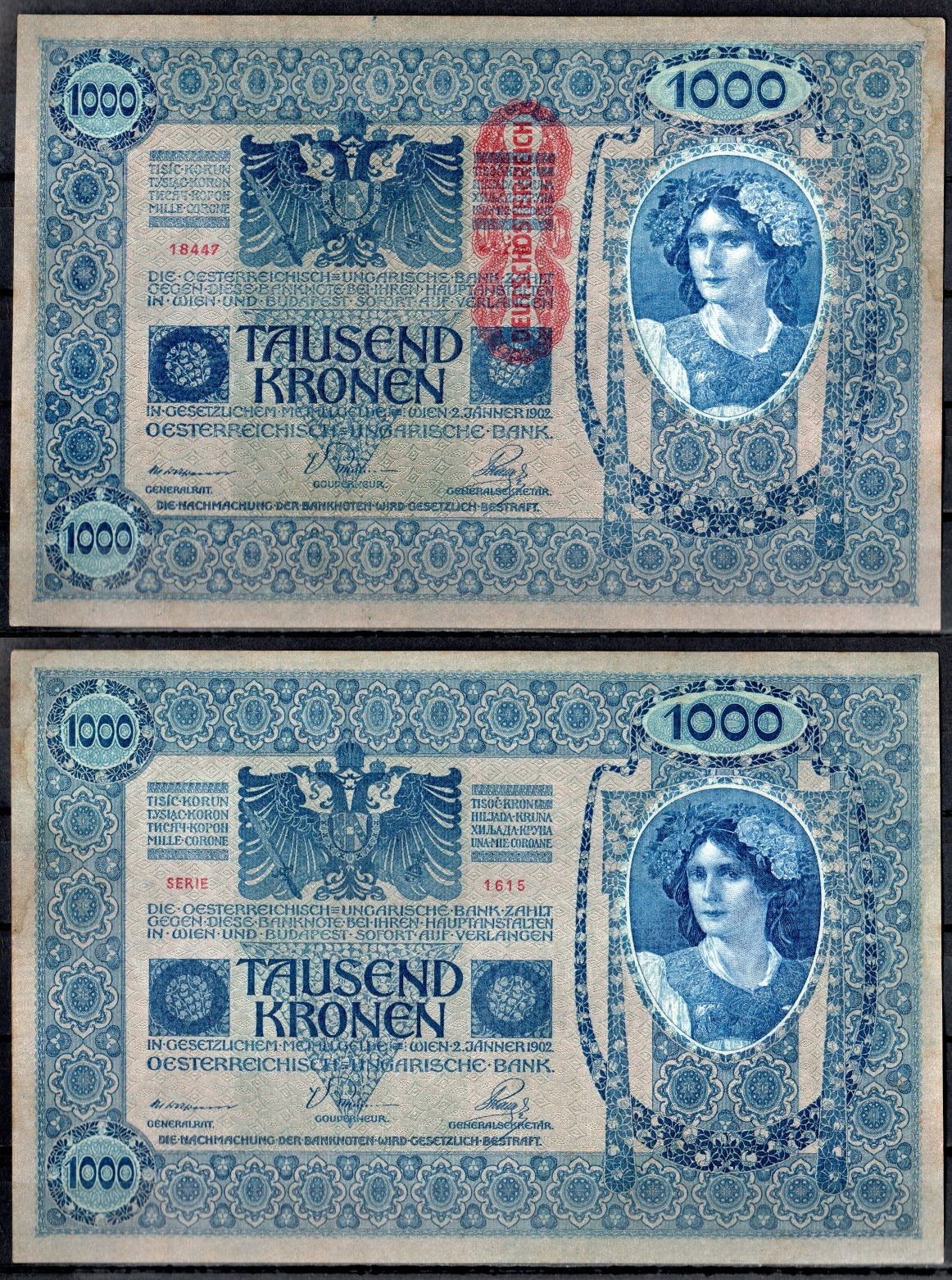 Австрия 1000 крон 1902 (1919) Pick 59 бумага UNC (пресс) 8613-9-1-1