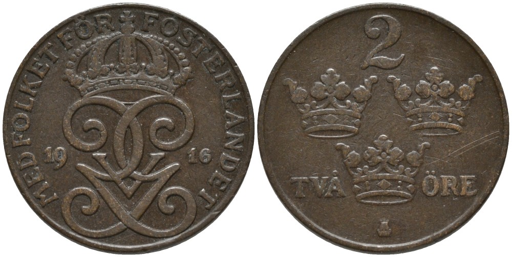 Швеция 2 эре 1916 Густав V (1907-1950), SHORT 6 KM 778 бронза 63-1056