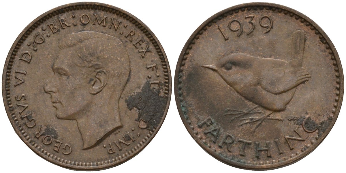 Великобритания 1 фартинг 1939 Георг VI (1936-1952) KM 843, Spink 4116 бронза 4143-625