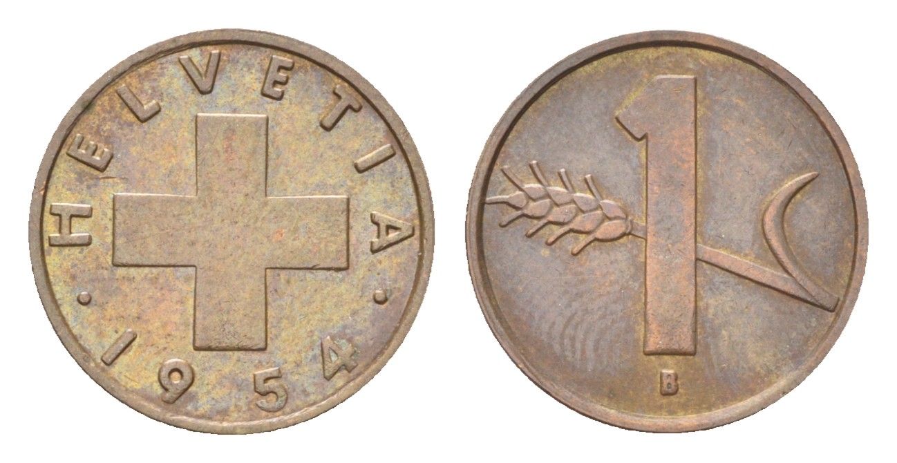 Швейцария 1 раппен 1954 B KM 46 бронза 4705-1167