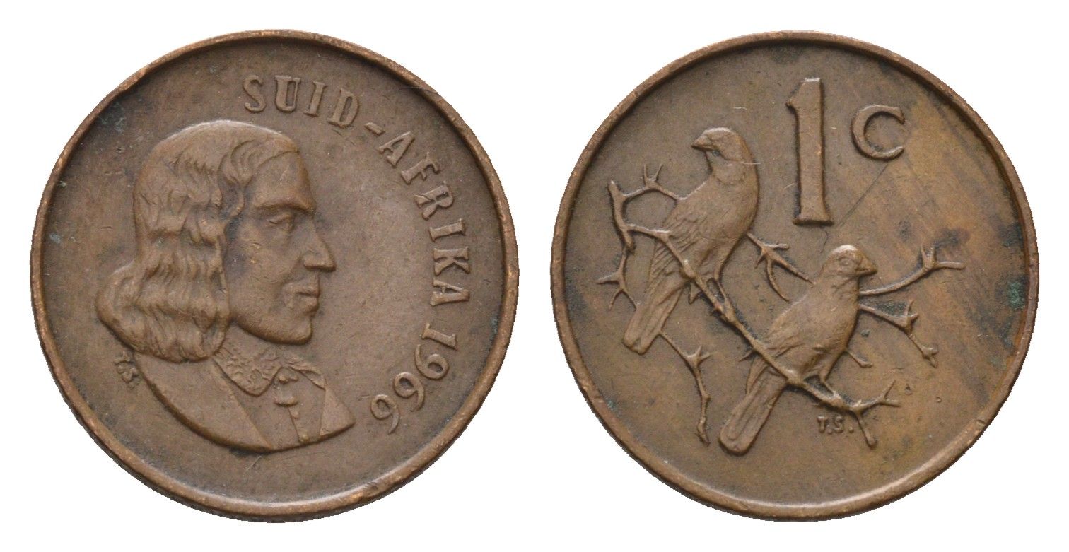 ЮАР 1 цент 1966 Ян ван Рибек (1619-1677), Suid Africa, легенда на африкаанс, капские воробьи KM 65.2 бронза 4690-1162