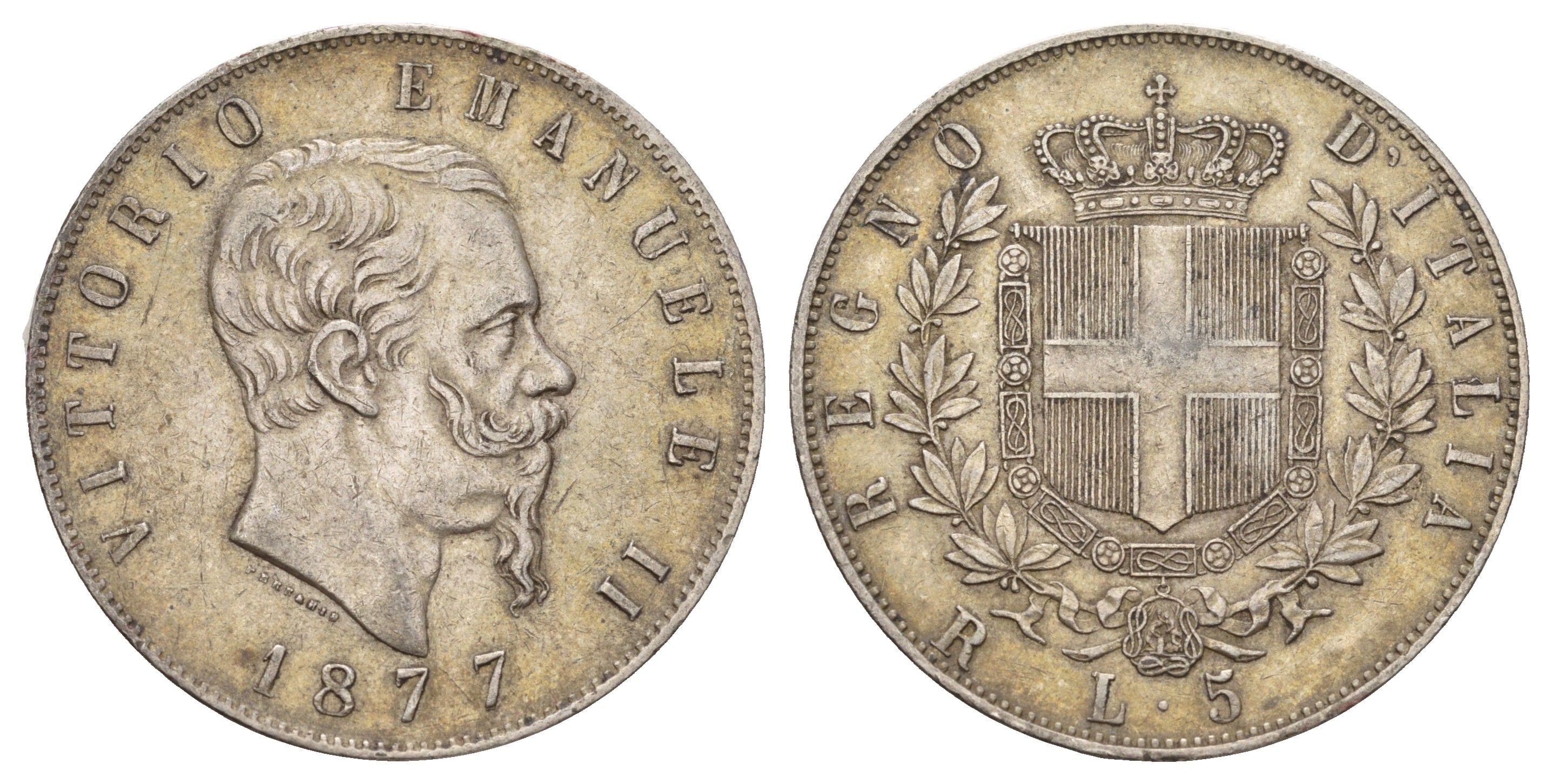 Италия 5 лир 1877 R, Виктор Эммануил II (1861-1878) KM 8.4 серебро 413-844