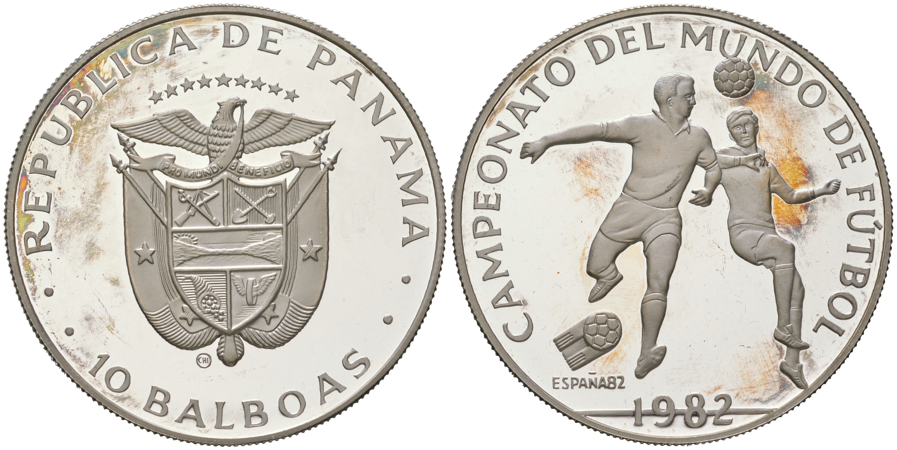 Панама 10 бальбоа 1982 чемпионат мира по футболу в Испании 1982 года, атака головой, игра в воздухе KM 78 серебро PROOF 11-281-34
