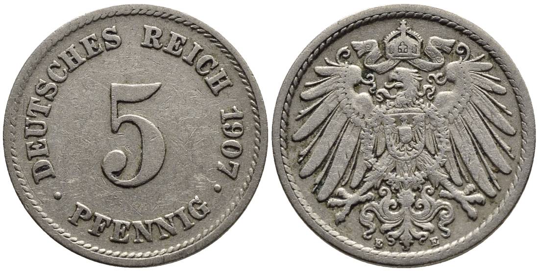 ГЕРМАНИЯ 5 ПФЕННИГОВ 1907 E KM 11, Jager 12, Weege 6 медно-никель 4547-458