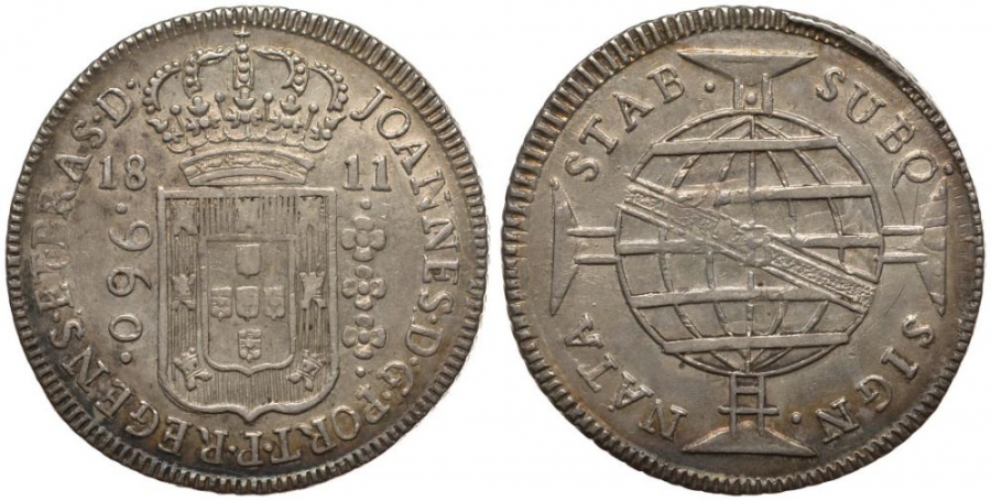 Бразилия 960 рейс 1811 В, монетный двор Бахия (Bahia), перечекан, патина, Жоао принц-регент (1799-1818) KM 307.1 серебро 00-815-11