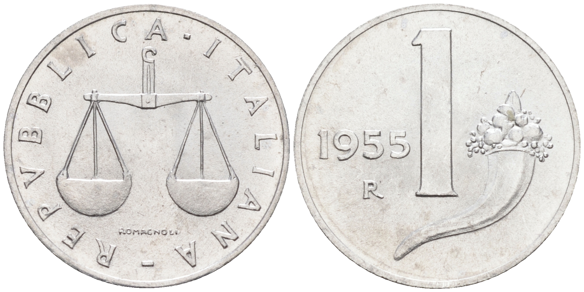 Италия 1 лира 1955 R, весы KM 91 алюминий  UNC  4594-738