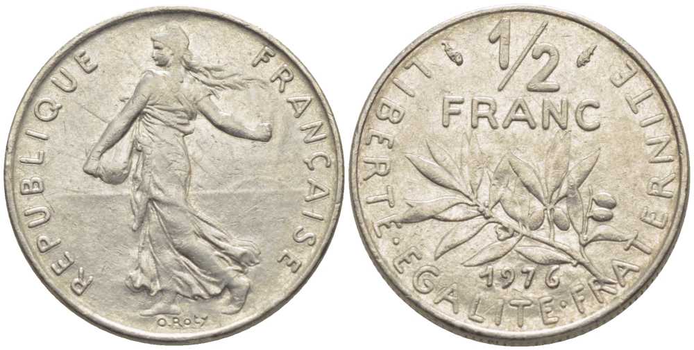 ФРАНЦИЯ 1/2 ФРАНКА 1976 СЕЯТЕЛЬ KM 931.1, LE FRANC 198.15 никель 175-951