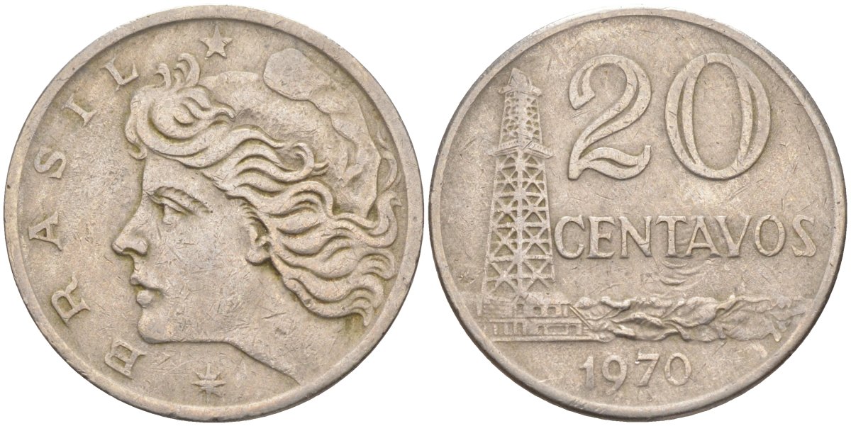 Бразилия 20 сентаво 1970 голова Свободы влево KM 579.2, Schon 84a медно-никель 219-827