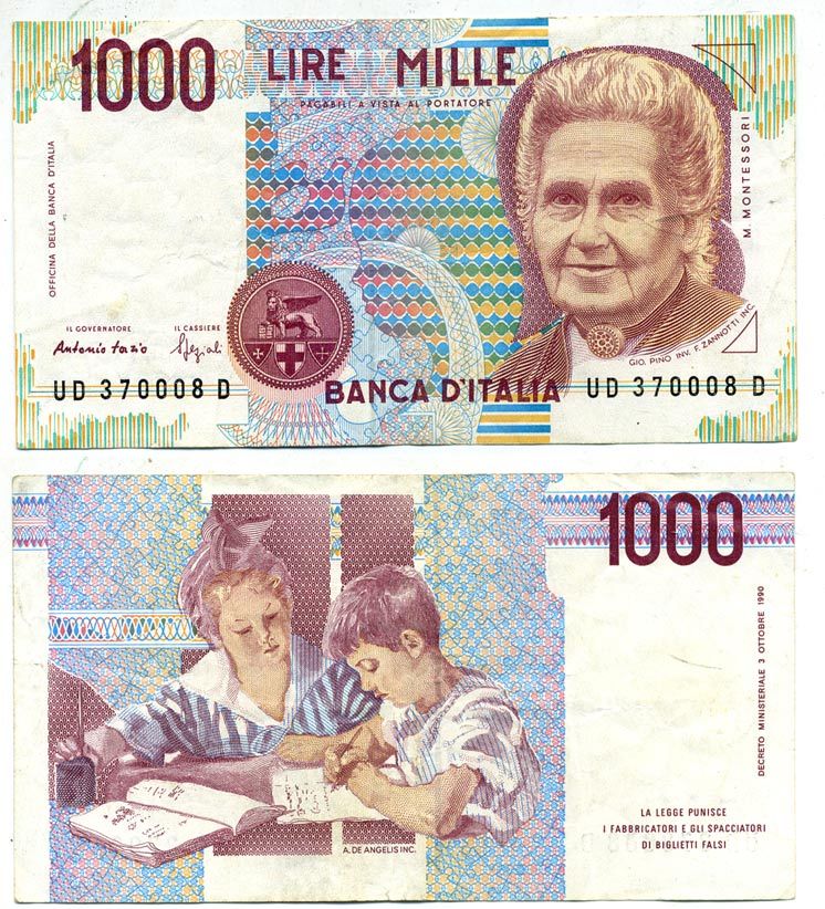 Италия 1000 лир 1990 Мария Монтессори Pick 114b 6279-9-2-1