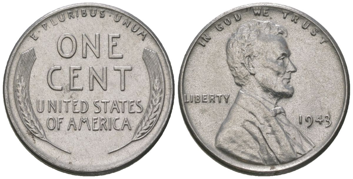 США 1 цент 1943 Авраам Линкольн KM 132 a сталь покрытая цинком aUNC 112-1154