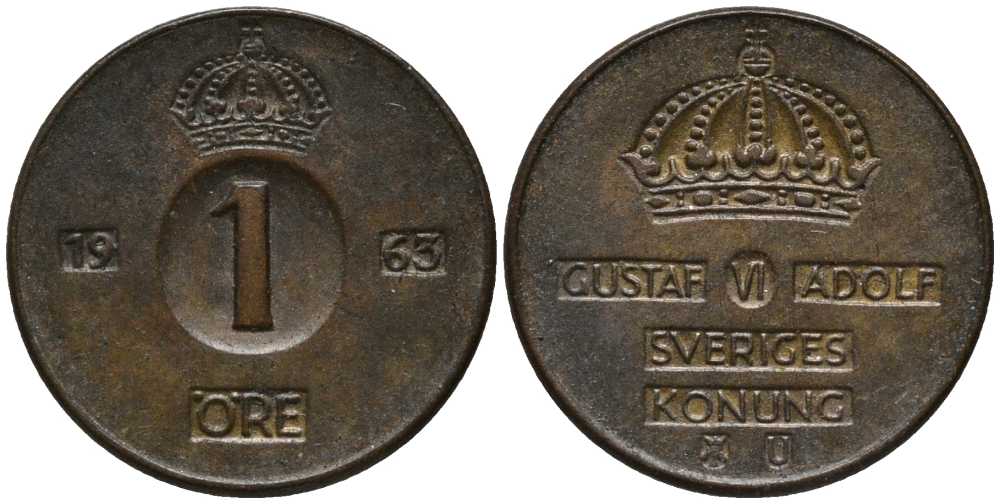 Швеция 1 эре 1963 U, Густав VI Адольф (1950-1973) KM 820 бронза 201-1153