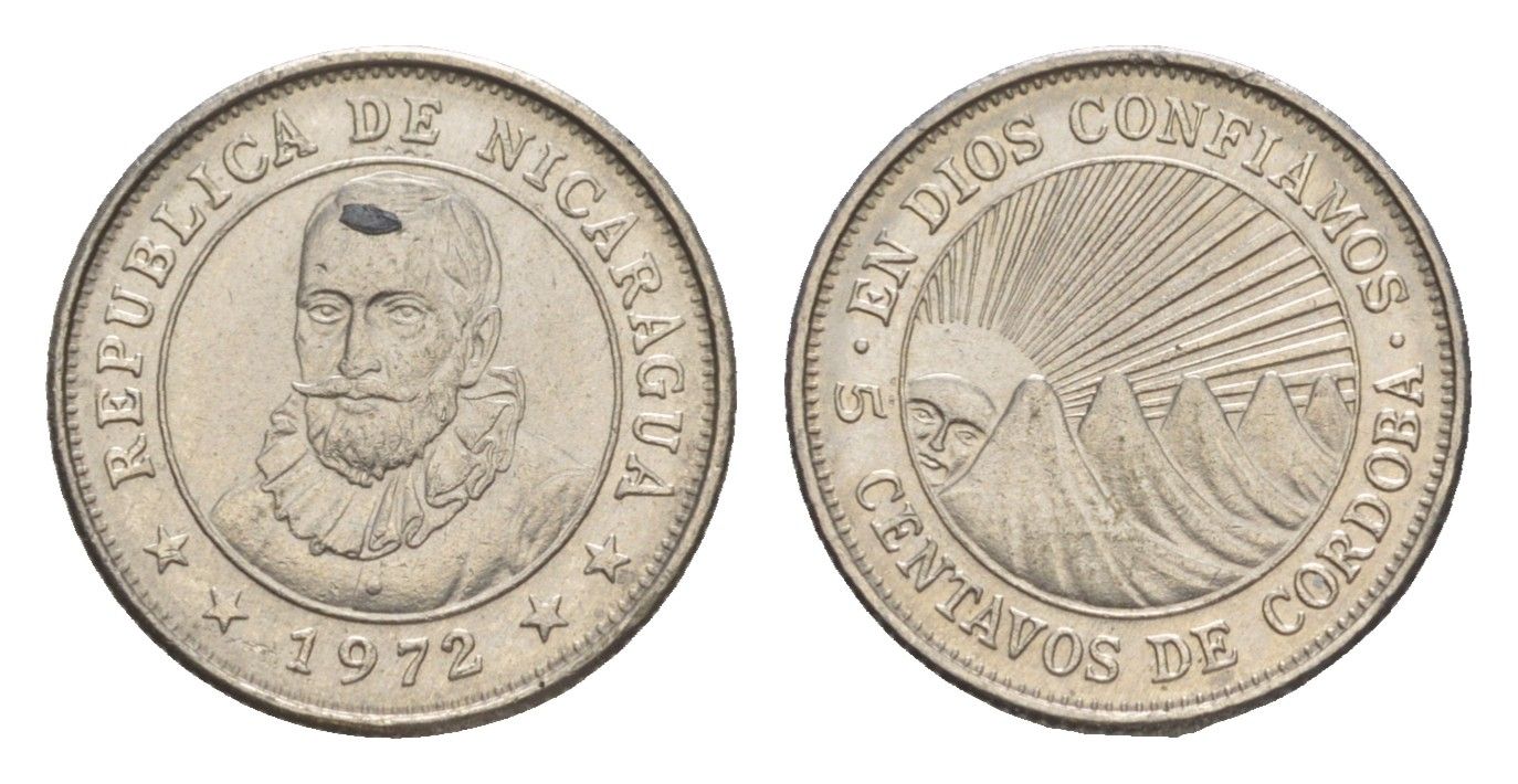 Никарагуа 5 сентаво 1972 KM 24.2a сталь плакированная никелем UNC 4640-957
