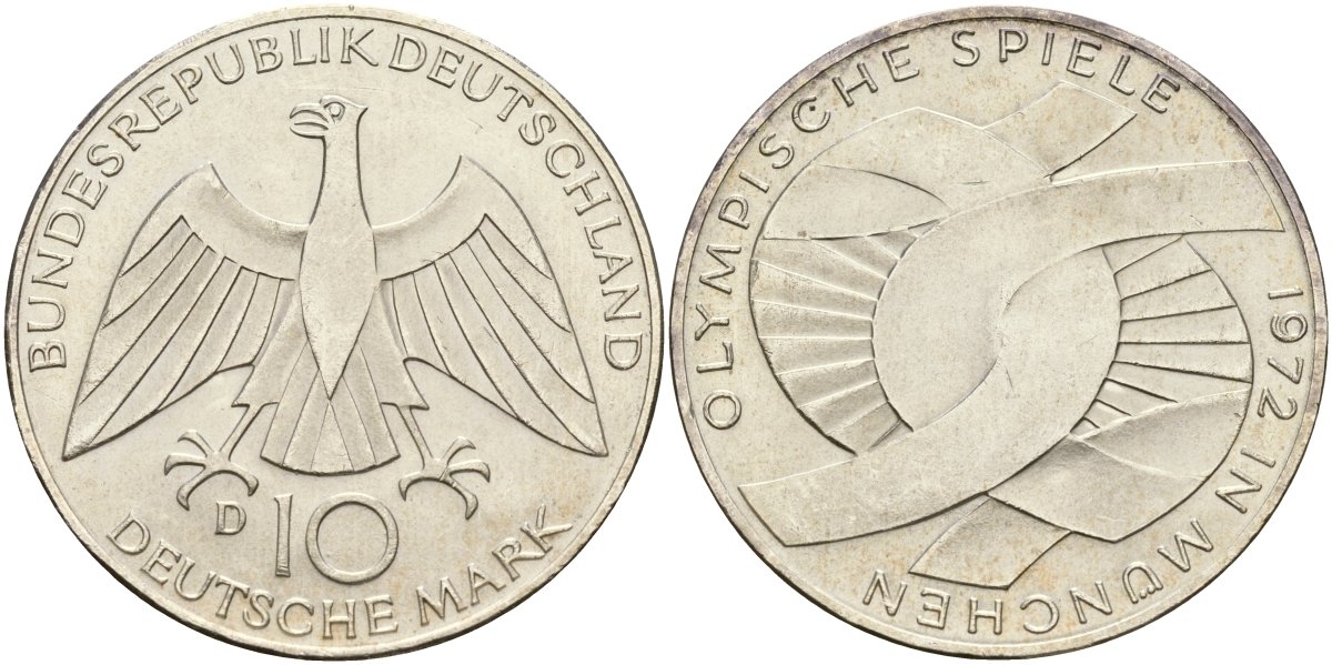 ФРГ 10 марок 1972 D, XX летние Олимпийские игры 1972 года в Мюнхене, символика J. 402, KM 131 серебро UNC 00-00