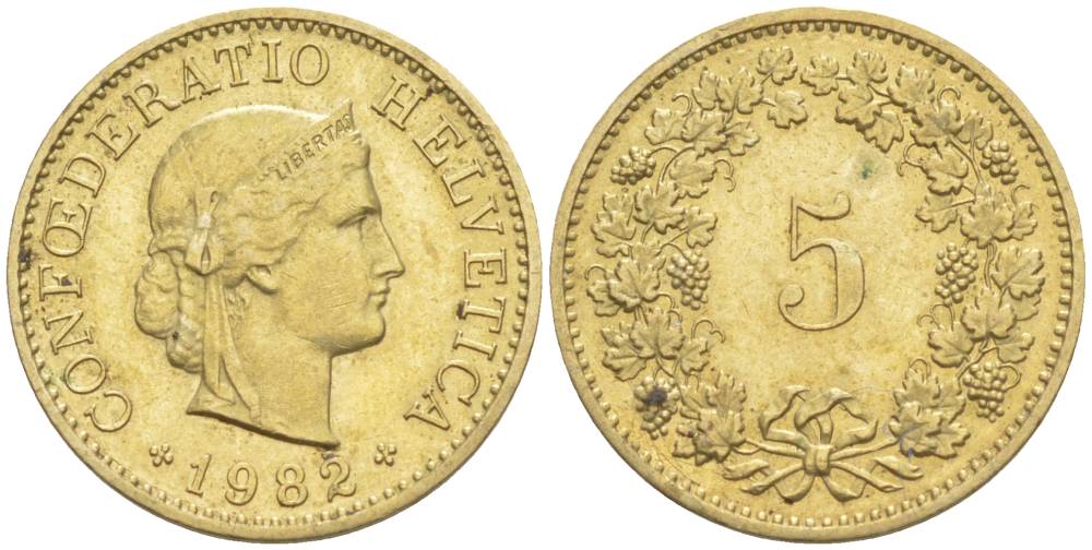 Швейцария 5 раппенов 1982 KM 26с алюминий латунь 105-558