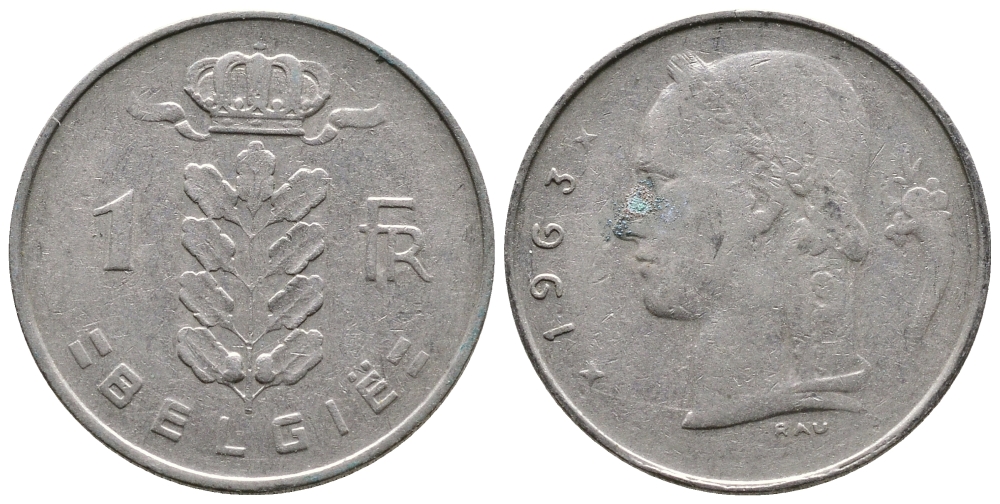 БЕЛЬГИЯ 1 ФРАНК 1963 BELGIE KM 143.1 медно-никель 4381-425